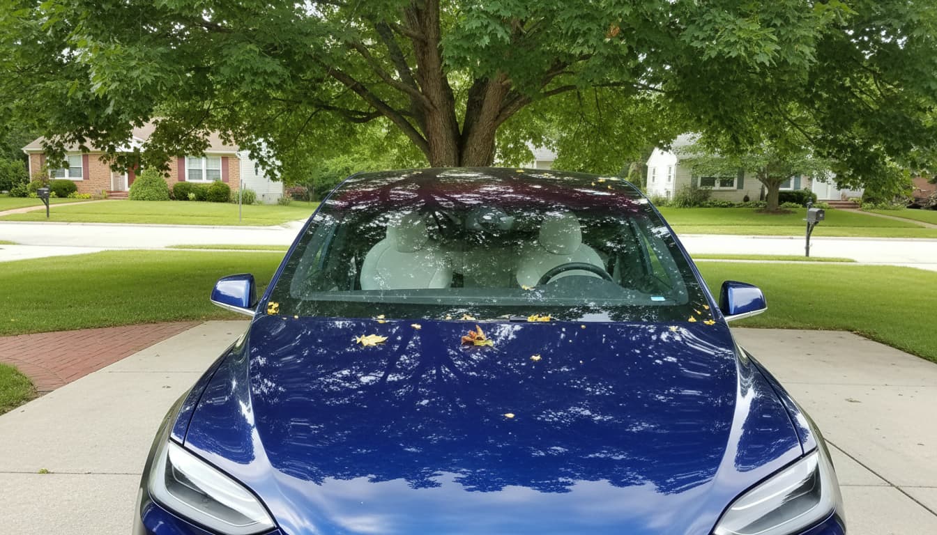 Glossy dark blue SUV parked under a leafy tree in a South Jersey driveway with dappled summer sunlight on the hood