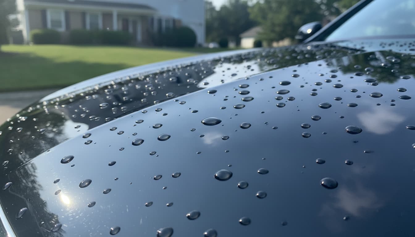 Water beading into tight round droplets on the glossy black hood of a freshly ceramic-coated car in a South Jersey driveway