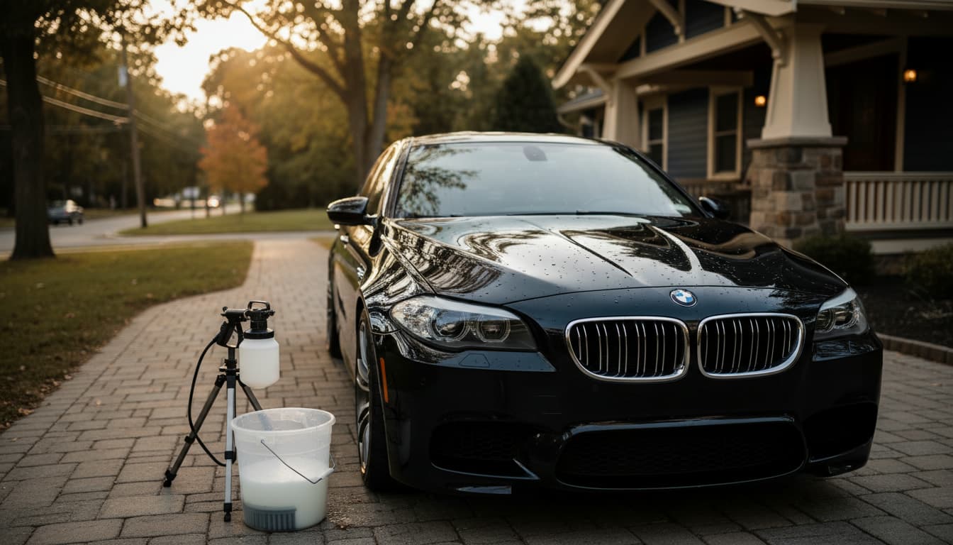 Foam cannon and wash bucket set up next to a black sedan on a South Jersey driveway at golden hour