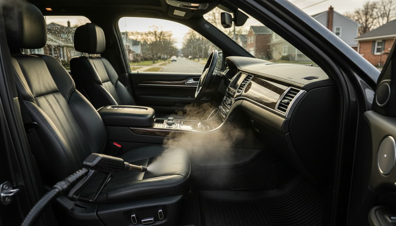 Steam rising over a dark leather dashboard and driver seat during an interior detail, sunlight coming through the windshield