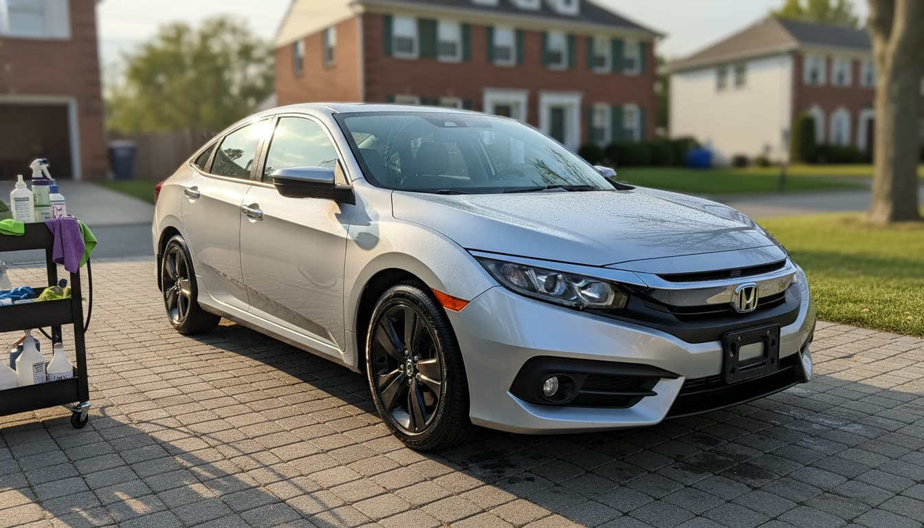 Freshly detailed dark sedan gleaming in a South Jersey driveway after a full detail