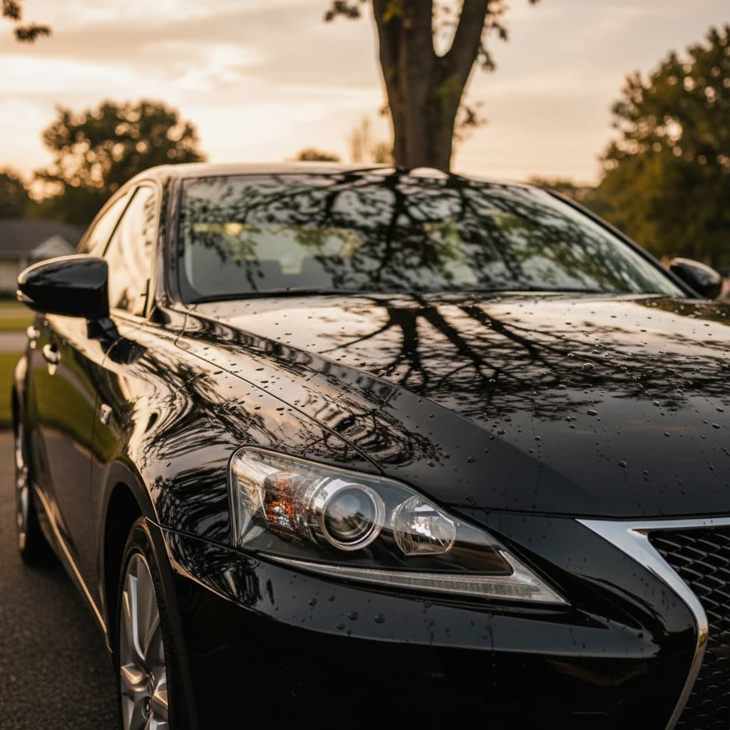 Freshly polished dark sedan glowing in afternoon sunlight in a South Jersey driveway